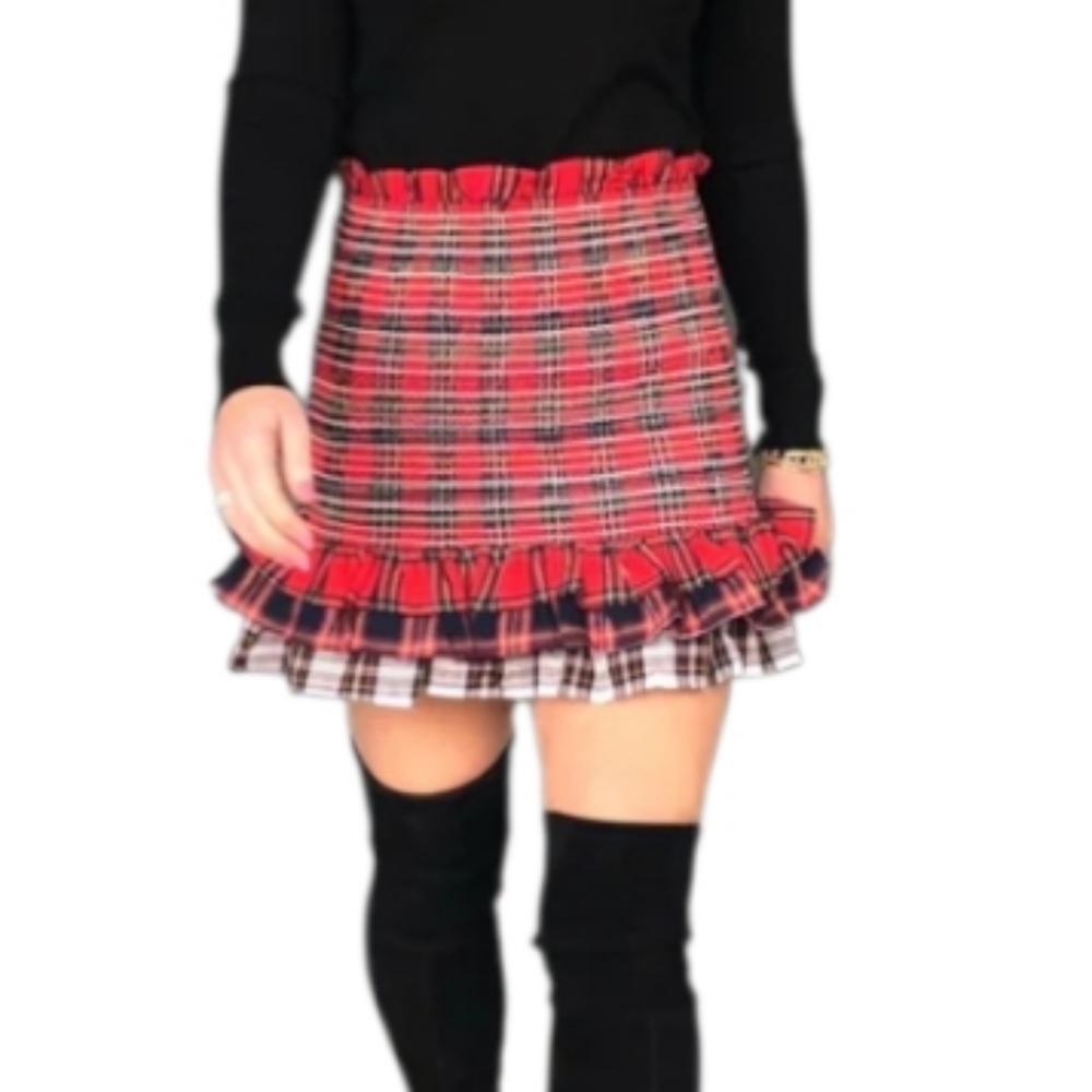 English Factory Plaid Smocked & Ruffled mini skirt - S.           M21